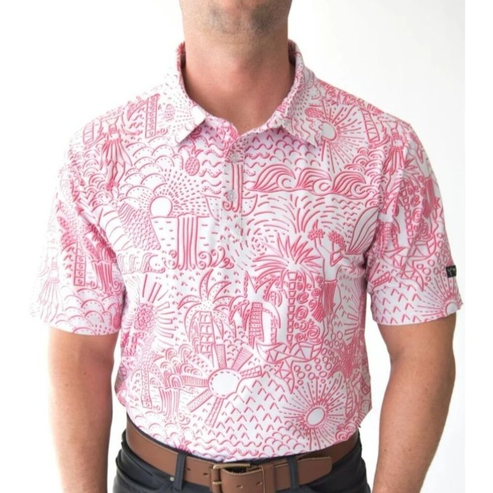 Yatta Golf Men's Pink Hawaiian‎ Tropical Print Shaka Life Golf Polo Shirt XL NWT